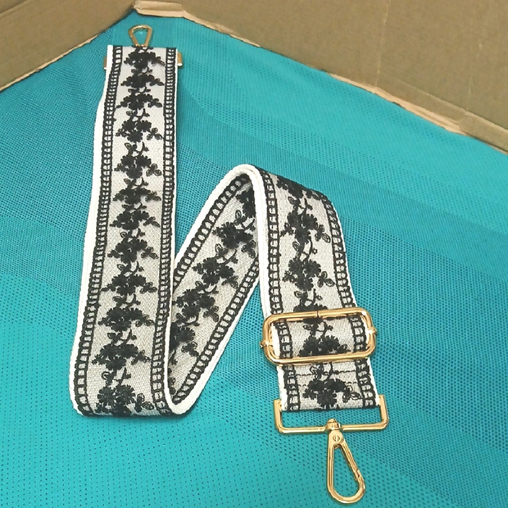 GUITAR STRAP Elegant Black/White Strap For Lux Or Designer Bag, Lace & Floral